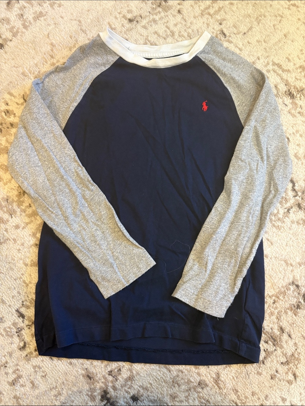 Boys Polo by Ralph Lauren Navy Tee with Gray Sleeves and 67 on back